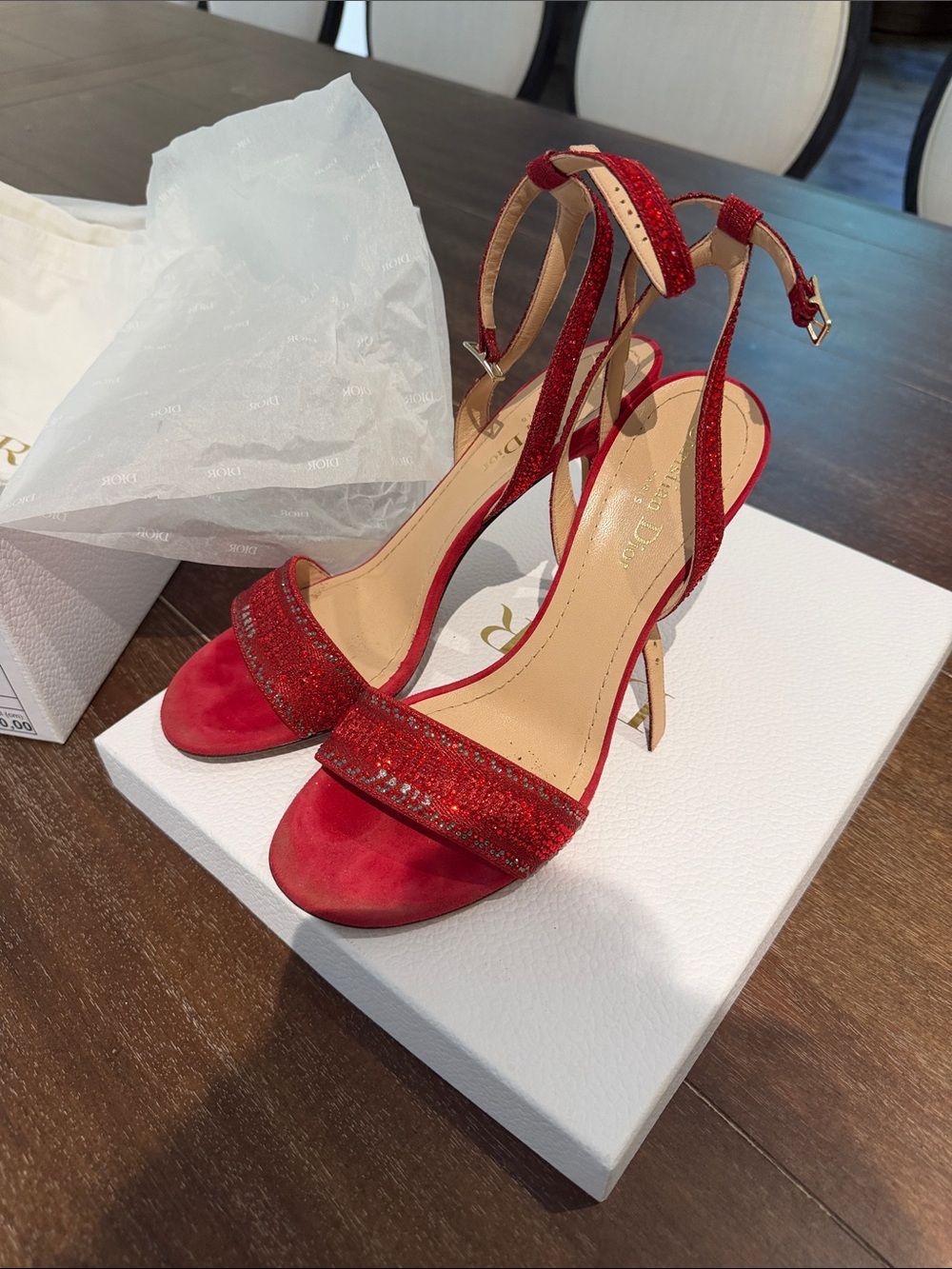 Dior Red Crystal Dway Stiletto Ankle-Strap Sandals